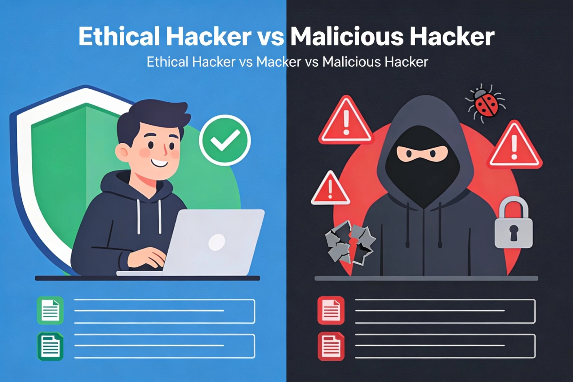 Comparison infographic showing ethical hacker versus malicious hacker and their differences