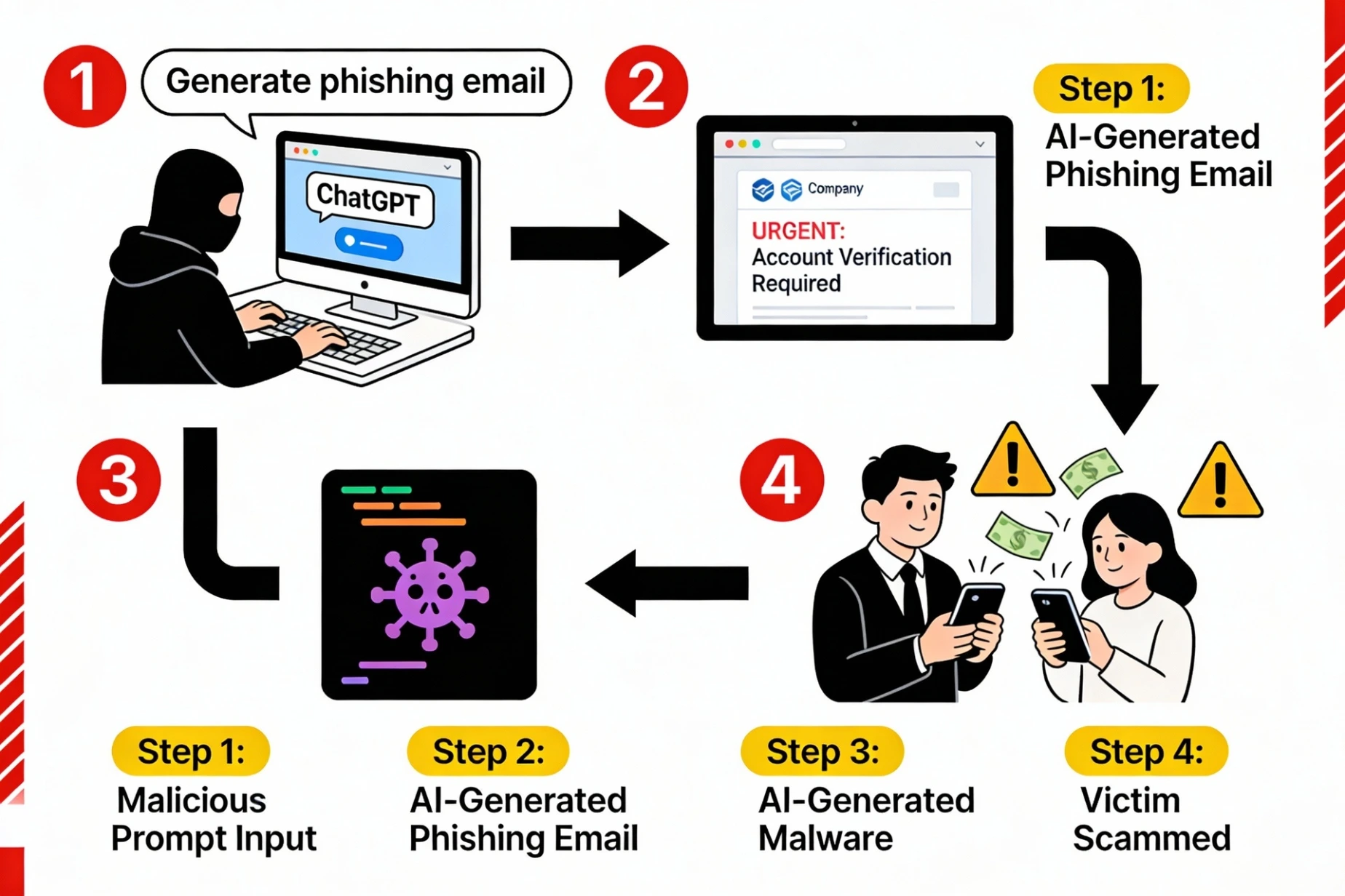 Infographic explaining how hackers misuse ChatGPT and AI tools to generate phishing emails, scam messages, and malicious scripts.