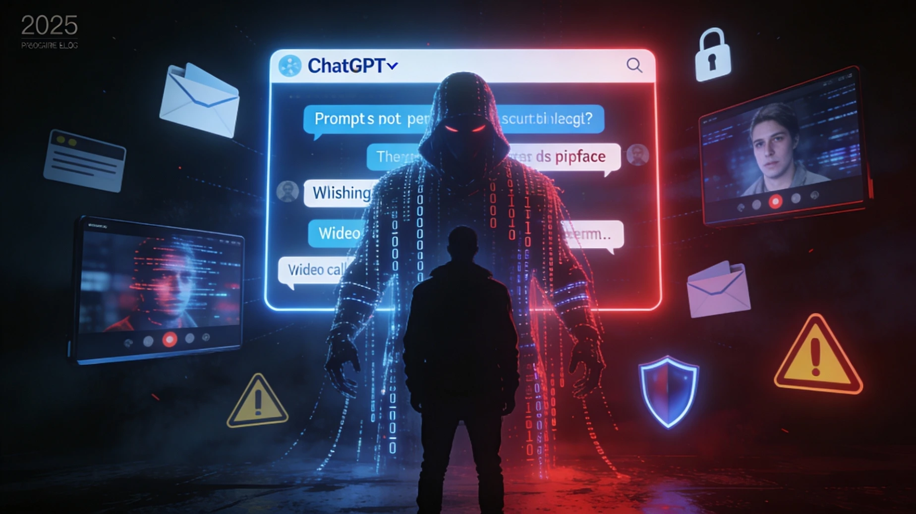AI-powered cyberattacks in 2025 showing hackers using artificial intelligence, phishing emails, deepfake video calls, and digital security threats.