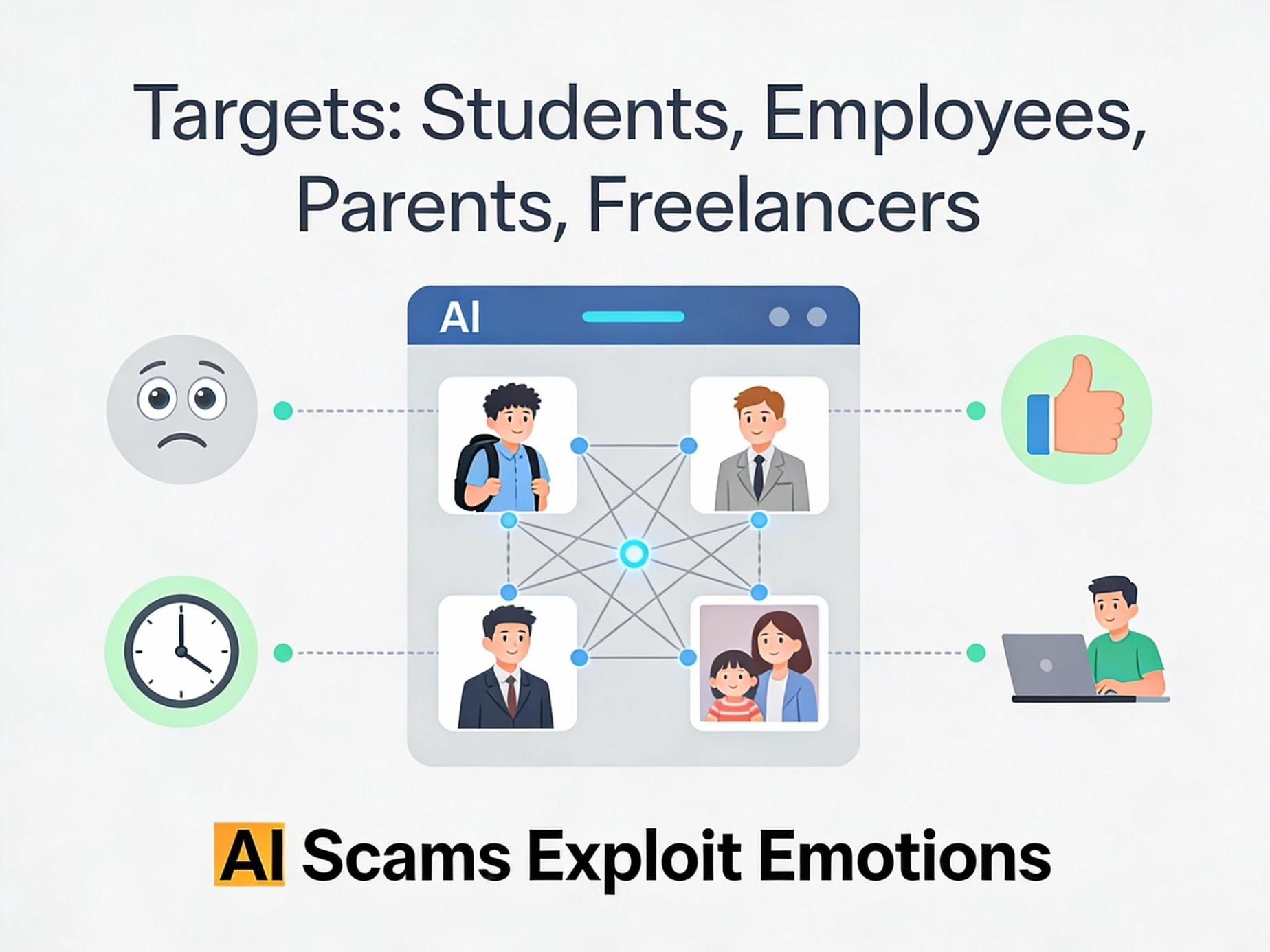 Cybersecurity awareness infographic showing students, employees, and non-technical users as primary targets of AI-powered scams and phishing attacks.