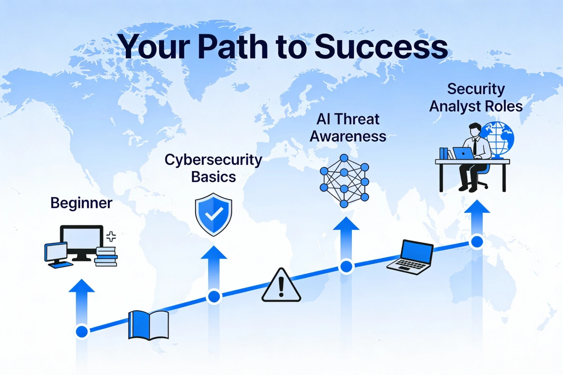 Cybersecurity career roadmap infographic showing beginner learning path to roles that defend against AI-powered cyber threats.
