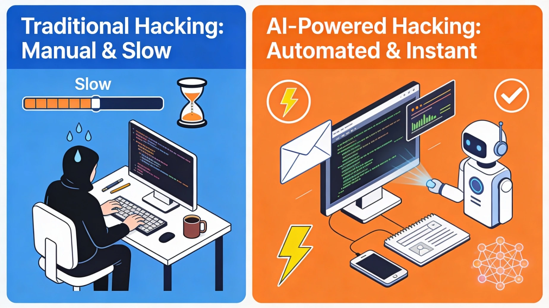 Comparison between traditional hacking and AI-powered hacking, showing how artificial intelligence automates phishing, malware creation, and cyberattacks.