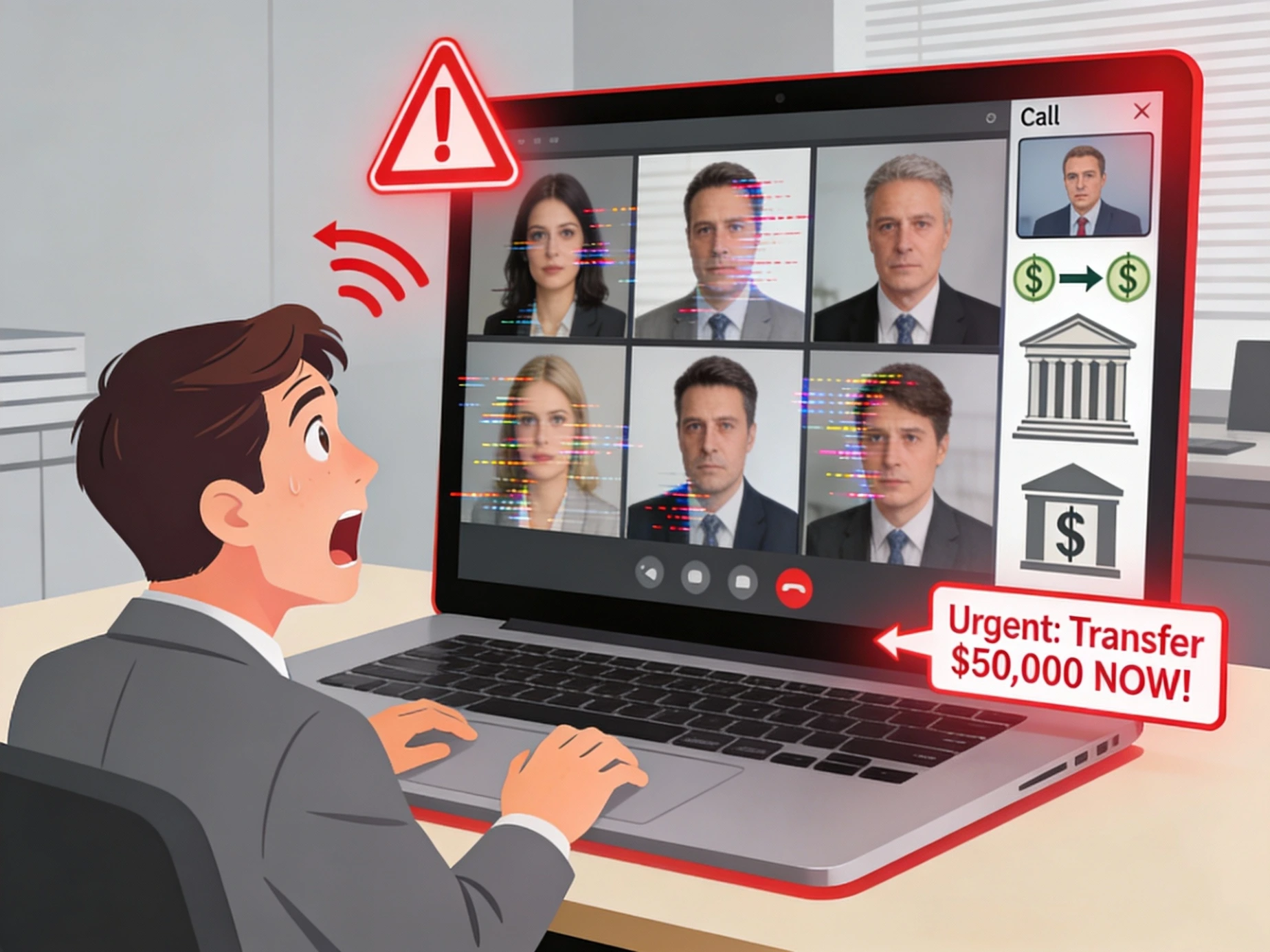 Checklist infographic showing warning signs of AI-generated scams such as urgency, perfect grammar, fake video calls, and unusual payment requests.