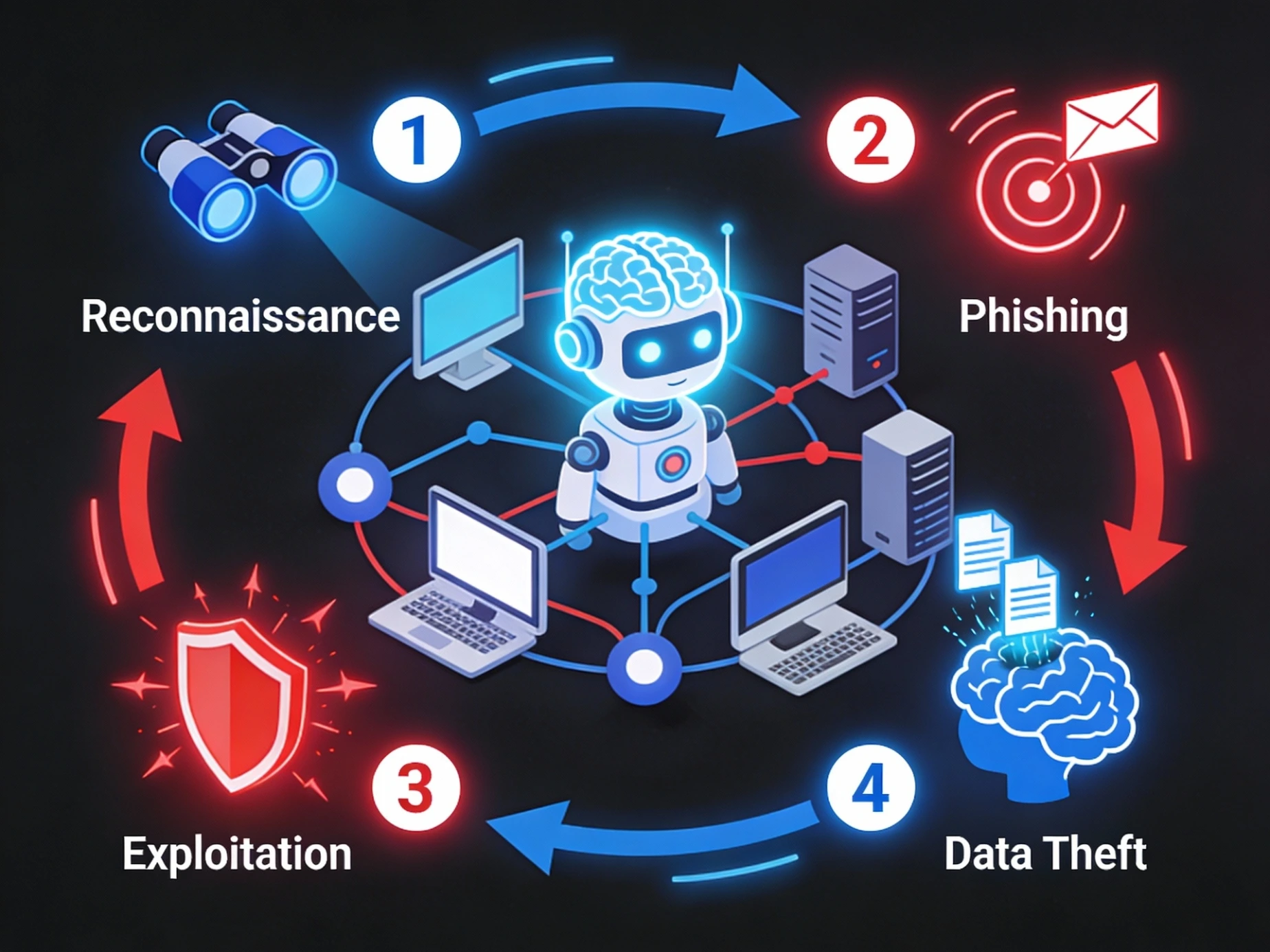 Diagram showing AI agents automating cyberattacks through reconnaissance, phishing, exploitation, and data theft without human intervention.