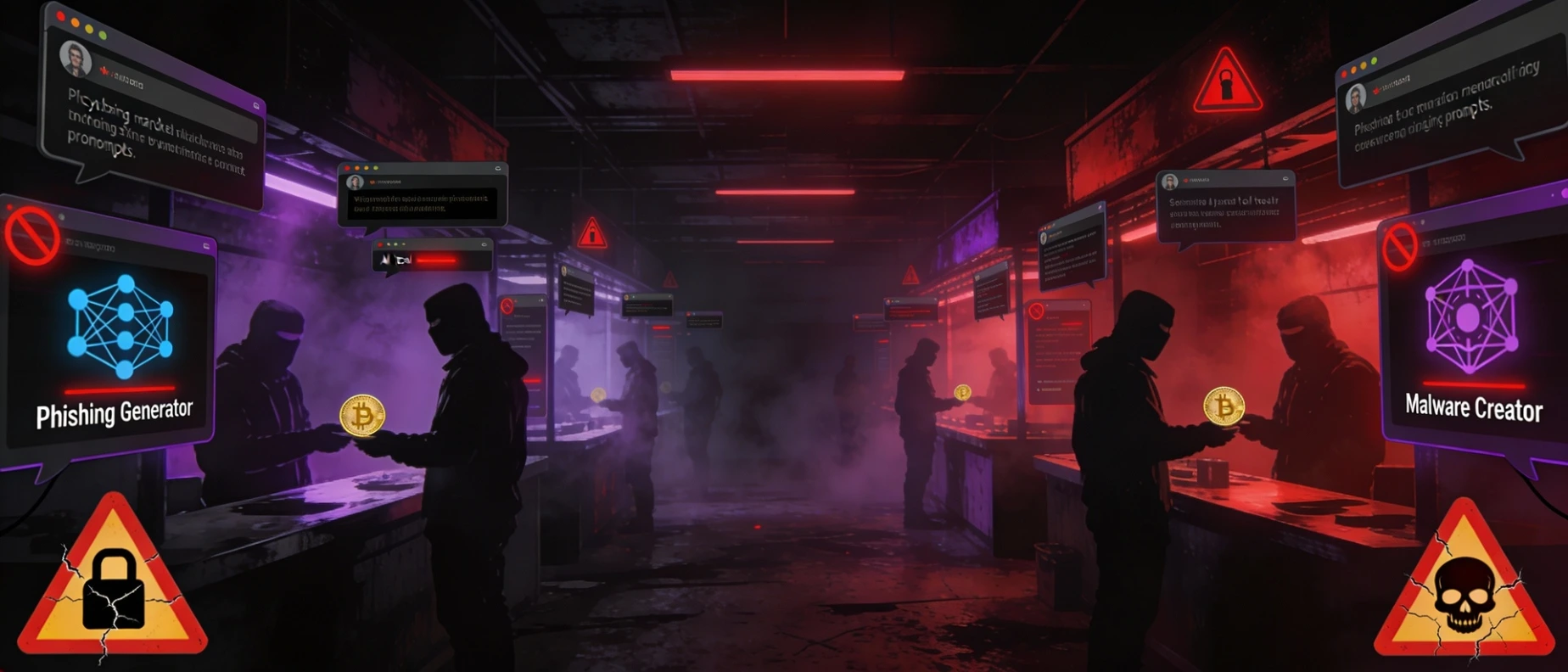 Illustration showing dark web AI tools used for cybercrime, including illegal AI chatbots designed for phishing and online fraud.