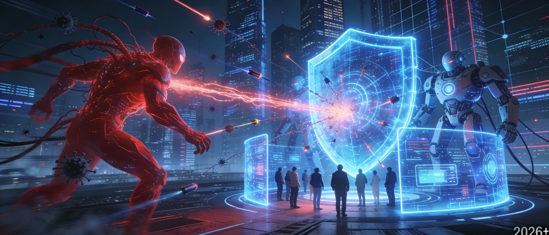 Futuristic illustration showing AI attacking systems and defensive AI protecting users in the future of cybersecurity beyond 2025.