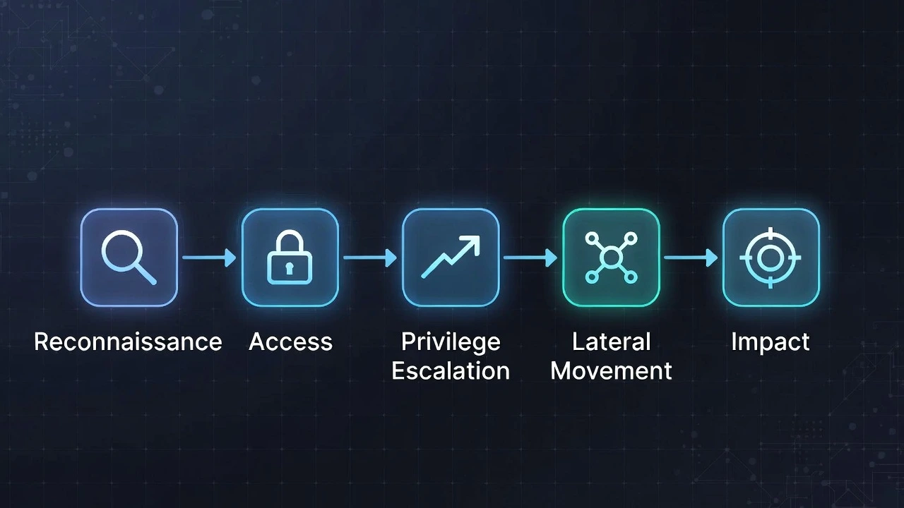 Diagram-style image representing offensive security concepts and attacker methodology