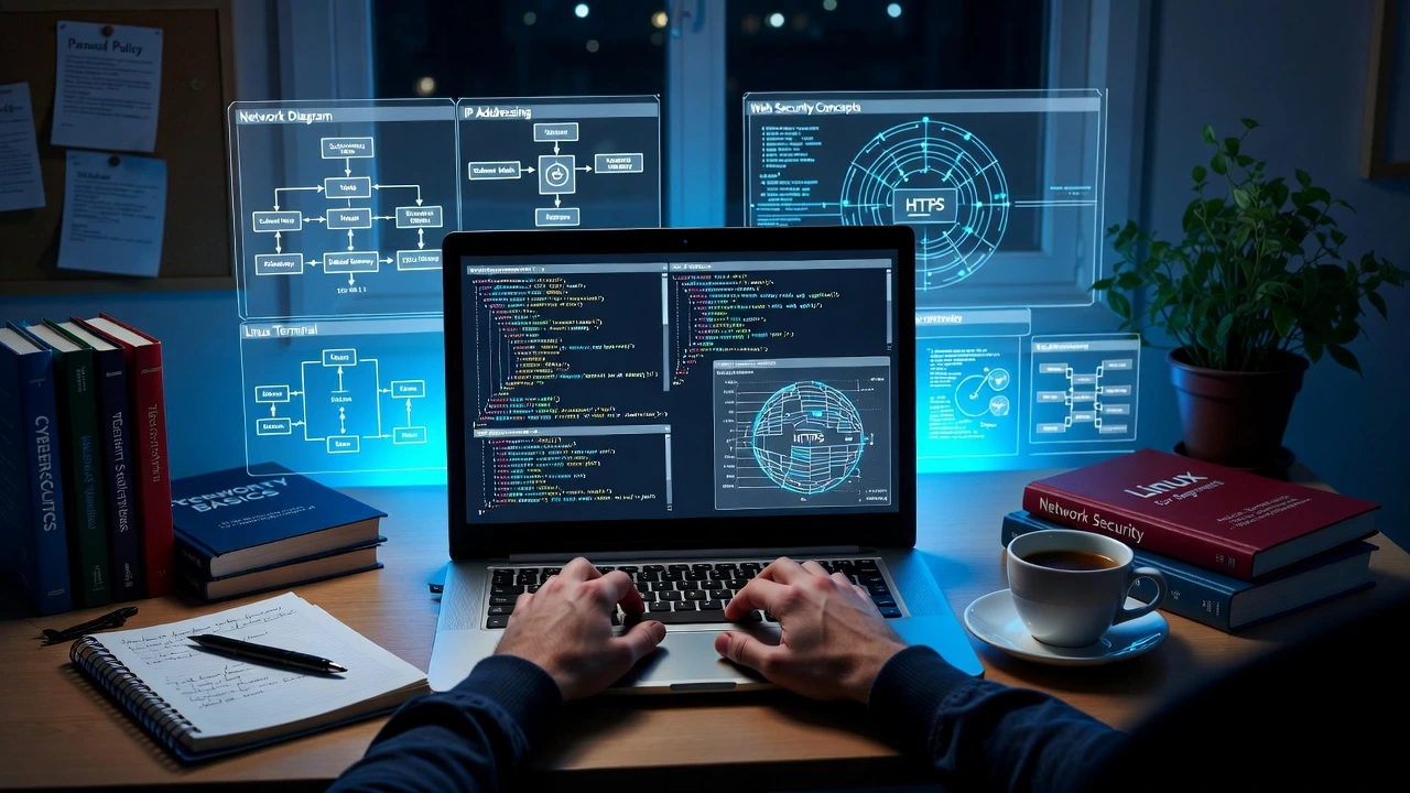 Beginner learning cybersecurity fundamentals including networking Linux and web security concepts