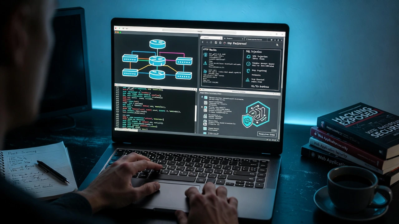 Ethical hacker working in futuristic cybersecurity operations center with multiple security screens
