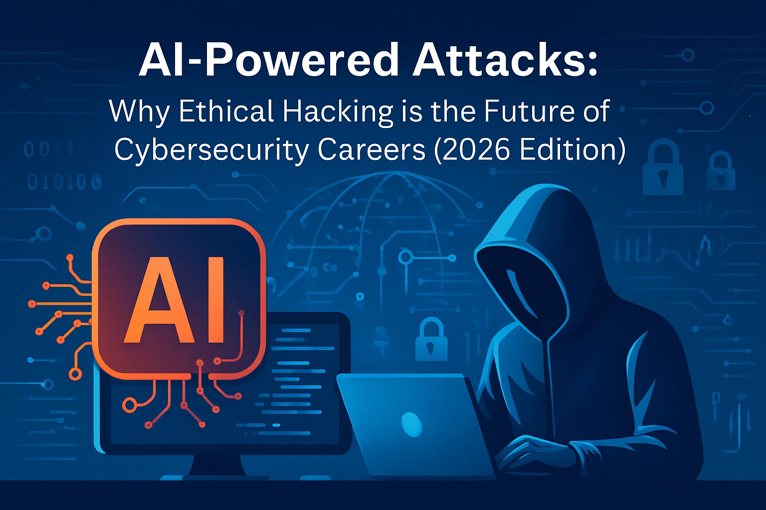 Futuristic illustration of AI‑powered cyber attacks with ethical hacker defending digital systems
