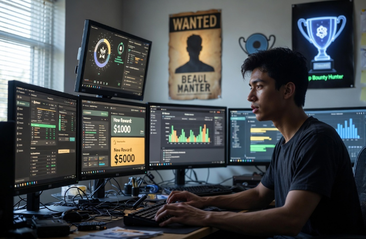 Illustration of ethical hacker with laptop and icons for skills, certifications, and career growth