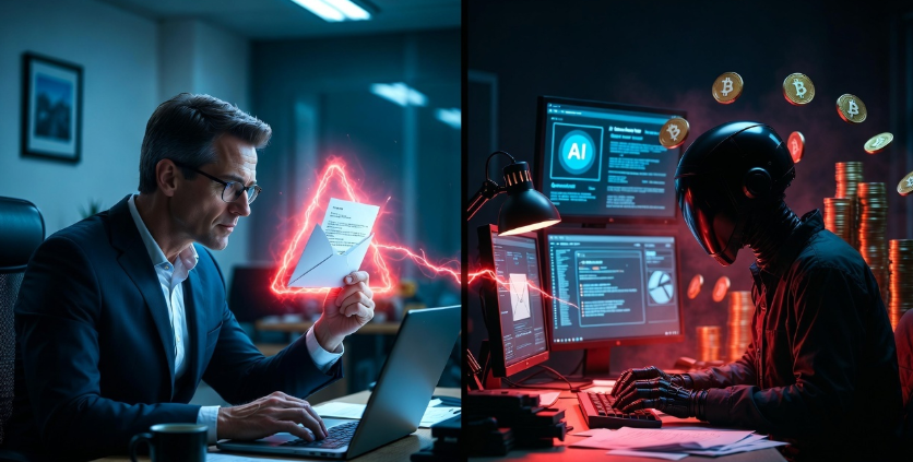 Anonymous hacker using WormGPT malicious AI tool to generate phishing emails on dark web terminal