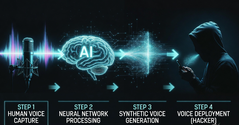 Employee on a corporate video call with deepfake AI-generated executives showing digital glitch artifacts