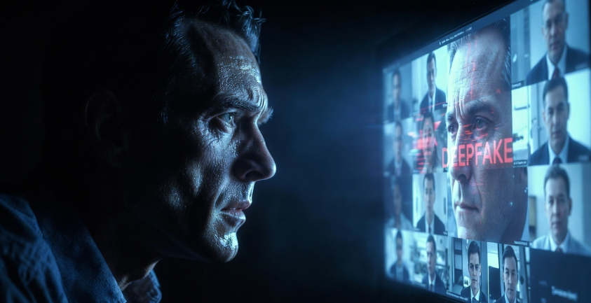 Employee on a corporate video call with deepfake AI-generated executives showing digital glitch artifacts