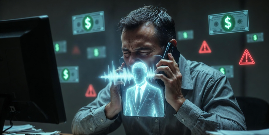 Office worker receiving a fake AI-generated voice call from a cloned CEO impersonator