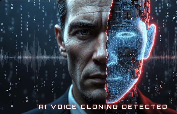 Split face of a businessman revealing AI circuitry beneath, representing deepfake voice cloning fraud