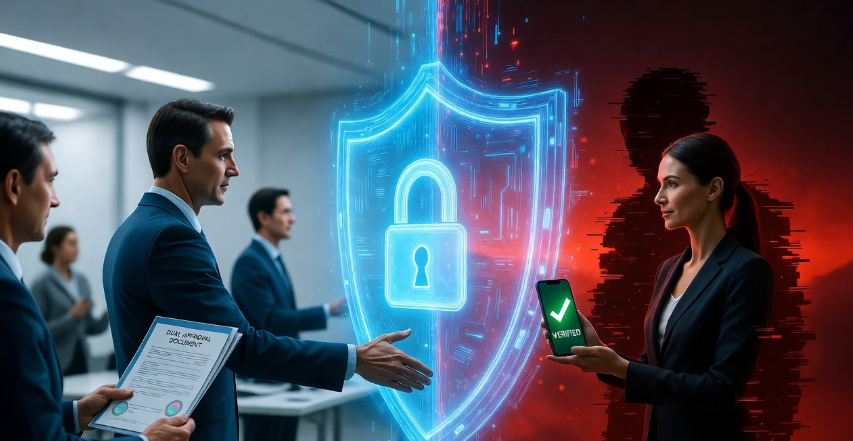 Office worker receiving a fake AI-generated voice call from a cloned CEO impersonator