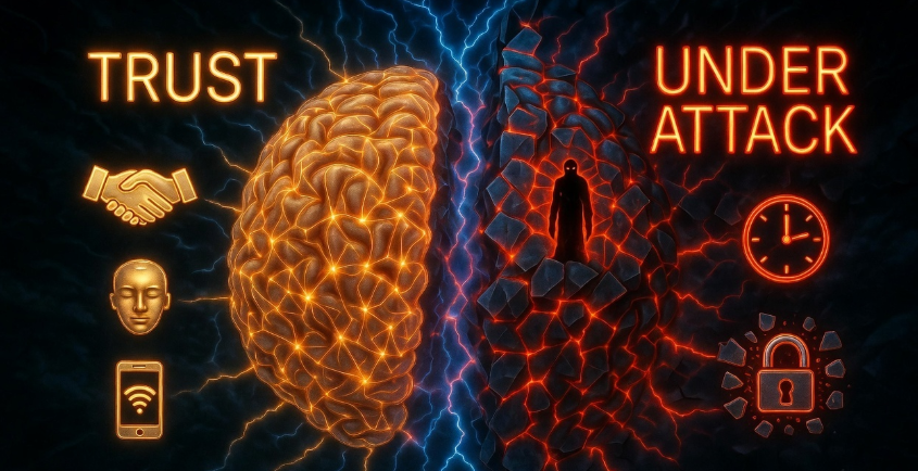 Split face of a businessman revealing AI circuitry beneath, representing deepfake voice cloning fraud