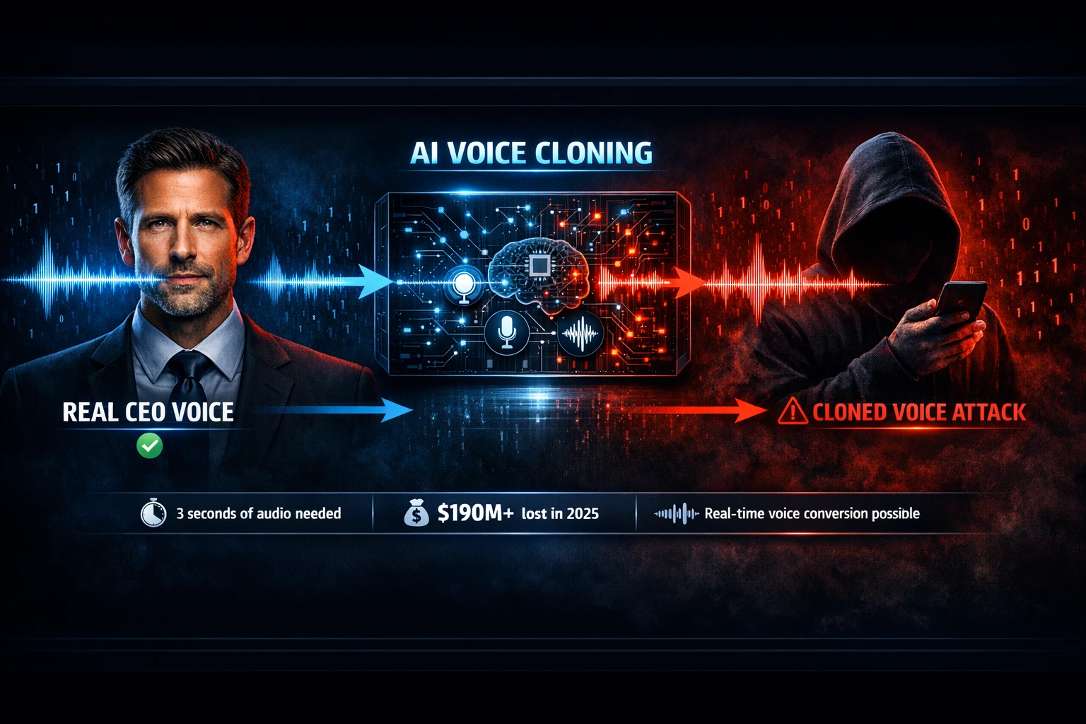 Split face of a businessman revealing AI circuitry beneath, representing deepfake voice cloning fraud