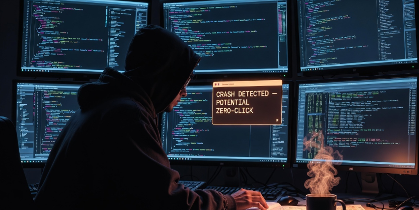 Ethical hacker discovering zero-click iOS vulnerability on multiple monitors in dark room