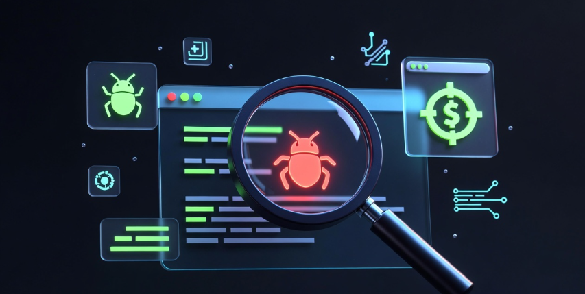 Magnifying glass finding a security bug inside a web browser — bug bounty hunting illustration