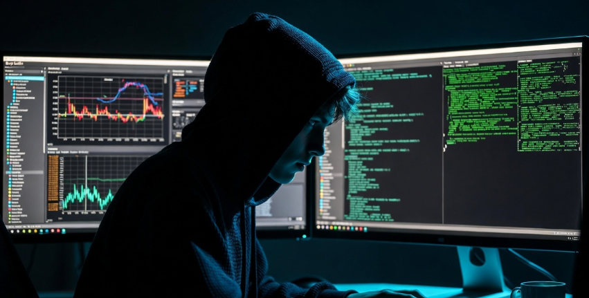 Ethical hacker working on bug bounty hunting at a desk with dual monitors showing Burp Suite and terminal