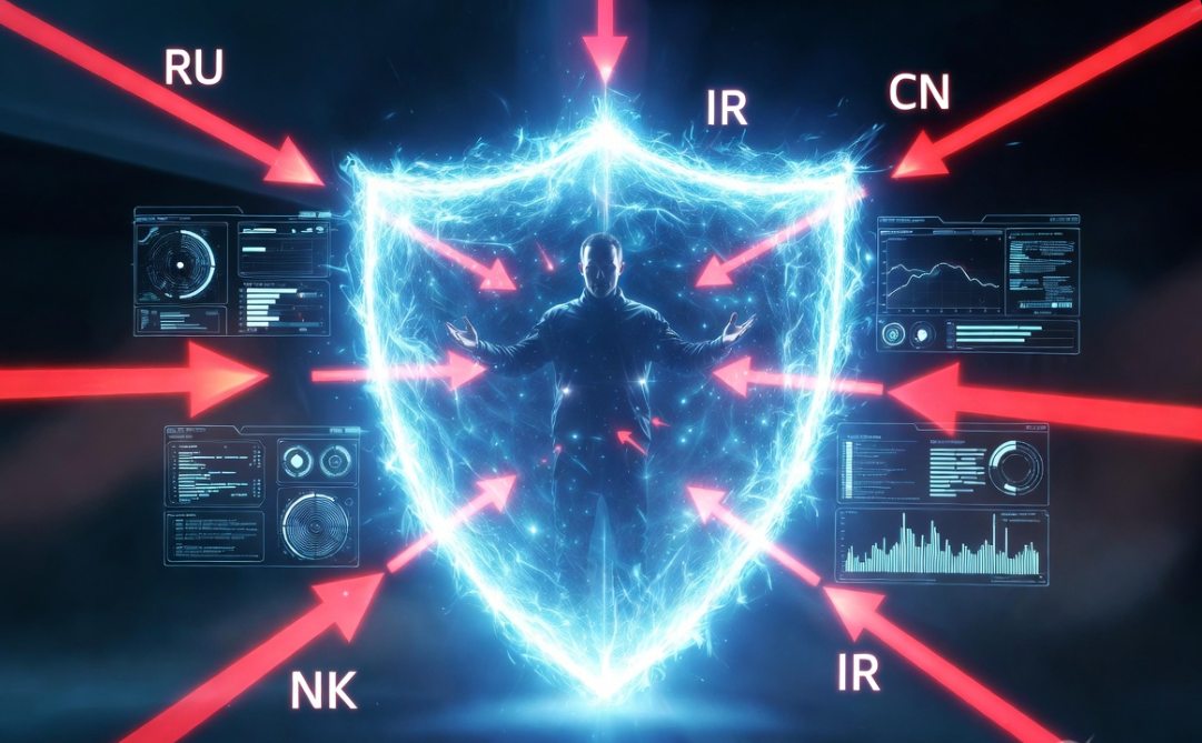 AI powered nation state hacking visualization Russia China Iran North Korea cyberwar 2026