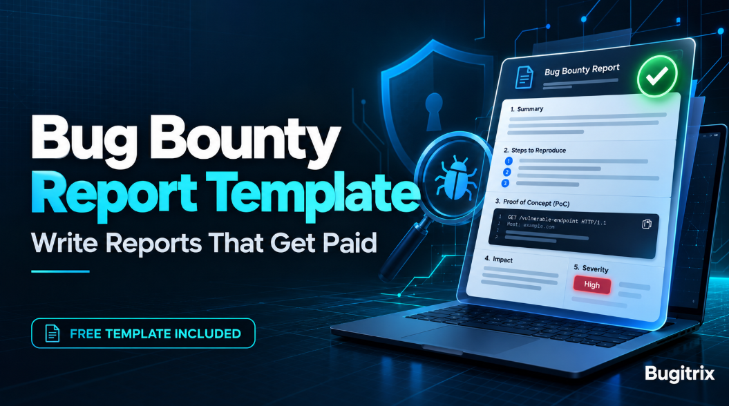 Bug bounty report template showing title, summary, steps to reproduce, impact and severity sections