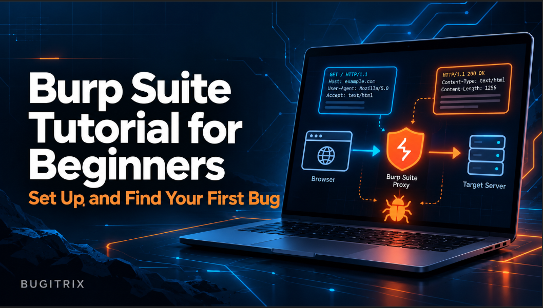Burp Suite tutorial for beginners thumbnail showing a browser, proxy shield, and server with the title "Set Up and Find Your First Bug"